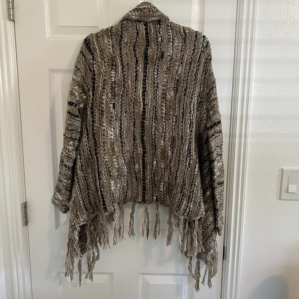 Skies Are Blue Women M Cable Knit Open Cardigan Blazer Fringed Wool Blend Brown‎